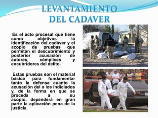 Es el acto procesal que tiene
como         objetivos       la
identificación del cadáver y el
acopio de pruebas que
permitan el descubrimiento y
posterior     acusación     de
autores,      cómplices       y
encubridores del delito.

 Estas pruebas son el material
básico    para    fundamentar
tanto la defensa cuanto la
acusación del o los indiciados
y, de la forma en que se
proceda           a         su
acopio, dependerá en gran
parte la aplicación pena de la
justicia.
 