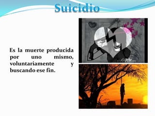 Es la muerte producida
por    uno      mismo,
voluntariamente      y
buscando ese fin.
 
