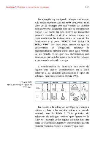 Capítulo 9 I Estibaje y elevación de las cargas 137
Por ejemplo hay un tipo de eslingas textiles que
solo están previstas para un solo uso, como es el
caso de las eslingas con que vienen las biondas
para carreteras,el ignorar este tipo de observación
puede y de hecho ha sido motivo de accidentes
graves y mortales, es decir se deben respetar en
todo momento las instrucciones de uso de los
fabricantes, y si pone “HONDILLAS PARA UN
SOLO USO” por muy buen estado en que se
encuentren es obligatorio respetar la
recomendación, máxime como en el caso referido
de las bionda, en las que nos encontramos con
aristas que pueden dar lugar al corte de las eslingas
y por tanto la caída de la carga.
A continuación se muestran una serie de
figuras que vienen contempladas en la NTP,
relativas a las distintas aplicaciones y tipos de
eslingas, para su selección. (figura 098).
En cuanto a la selección del Tipo de eslinga a
utilizar en base a las consideraciones de uso de
acuerdo con la Tabla 2 “Guía práctica de
selección de eslingas textiles” que figuran en la
NTP 841, además de las figuras adjuntas hay otra
serie de cuestiones, también importantes, que de
manera reducida vamos a indicar y que son:
Figura 098.
Tipos de eslingas según la
NTP 841.
LIBRO CARGA Y DESCARGA AECOM:Maquetación 1 12/12/12 16:58 Página 137
LIBRO CARGA Y DESCARGA AECOM.pdf137 137LIBRO CARGA Y DESCARGA AECOM.pdf137 137 28/1/13 11:52:0328/1/13 11:52:03
 