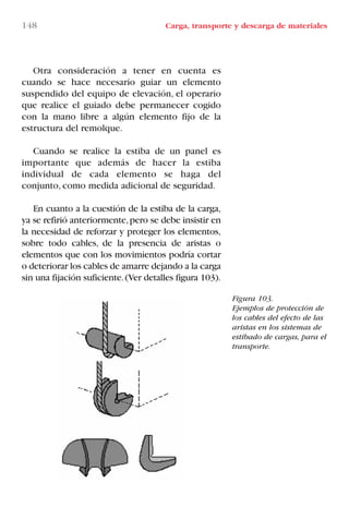 148 Carga, transporte y descarga de materiales
Figura 103.
Ejemplos de protección de
los cables del efecto de las
aristas en los sistemas de
estibado de cargas, para el
transporte.
Otra consideración a tener en cuenta es
cuando se hace necesario guiar un elemento
suspendido del equipo de elevación, el operario
que realice el guiado debe permanecer cogido
con la mano libre a algún elemento fijo de la
estructura del remolque.
Cuando se realice la estiba de un panel es
importante que además de hacer la estiba
individual de cada elemento se haga del
conjunto, como medida adicional de seguridad.
En cuanto a la cuestión de la estiba de la carga,
ya se refirió anteriormente,pero se debe insistir en
la necesidad de reforzar y proteger los elementos,
sobre todo cables, de la presencia de aristas o
elementos que con los movimientos podría cortar
o deteriorar los cables de amarre dejando a la carga
sin una fijación suficiente.(Ver detalles figura 103).
LIBRO CARGA Y DESCARGA AECOM:Maquetación 1 12/12/12 16:58 Página 148
LIBRO CARGA Y DESCARGA AECOM.pdf148 148LIBRO CARGA Y DESCARGA AECOM.pdf148 148 28/1/13 11:52:0728/1/13 11:52:07
 