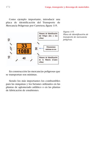172 Carga, transporte y descarga de materiales
Como ejemplo importante, introducir una
placa de identificación del Transporte de
Mercancía Peligrosas por Carretera, figura 115.
En construcción las mercancías peligrosas que
se transportan son mínimas.
Siendo los más importantes los combustibles
para las máquinas y los betunes utilizados en las
plantas de aglomerado asfáltico o en las plantas
de fabricación de emulsiones.
Figura 115.
Placa de identificación de
transporte de mercancía
peligrosa.
LIBRO CARGA Y DESCARGA AECOM:Maquetación 1 12/12/12 16:59 Página 172
LIBRO CARGA Y DESCARGA AECOM.pdf172 172LIBRO CARGA Y DESCARGA AECOM.pdf172 172 28/1/13 11:52:1628/1/13 11:52:16
 