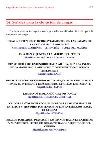 Capítulo 14 I Señales para la elevación de cargas 175
Por su interés se incluyen señales gestuales codificadas utilizadas para la
elevación de cargas:
BRAZOS EXTENDIDOS HORIZONTALMENTE CON LAS PALMAS DE
LAS MANOS HACIA ADELANTE
Significado: COMIENZO – ATENCIÓN – TOMA DEL MANDO
DOS MANOS JUNTAS A LA ALTURA DEL PECHO
Significado: FIN DE LAS OPERACIONES
BRAZO DERECHO EXTENDIDO HACIA ARRIBA, CON LAS PALMA
DE LA MANO HACIA ADELANTE Y DESCRIBIENDO CIRCULOS
LENTAMENTE
Significado: IZAR
BRAZO DERECHO EXTENDIDO HACIA ABAJO, PALMA DE LA MANO
HACIA EL INTERIOR Y DESCRIBIENDO CIRCULOS LENTAMENTE
Significado: BAJAR
LAS MANOS INDICANDO UNA DISTANCIA
Significado: DISTANCIA VERTICAL
LOS DOS BRAZOS DOBLADOS, PALMAS DE LAS MANOS HACIA EL
INTERIOR Y MOVIMIENTOS LENTOS DE LOS ANTEBRAZOS HACIA
EL CUERPO
Significado: AVANZAR
BRAZOS DOBLADOS, PLAMAS DE LAS MANOS HACIA EL EXTERIOR
Y MOVIMIENTO LENTO DE LOS ANTEBRAZOS ALEJANDOSE DEL
CUERPO
Significado: RETROCEDER
14. Señales para la elevación de cargas
LIBRO CARGA Y DESCARGA AECOM:Maquetación 1 12/12/12 16:59 Página 175
LIBRO CARGA Y DESCARGA AECOM.pdf175 175LIBRO CARGA Y DESCARGA AECOM.pdf175 175 28/1/13 11:52:1728/1/13 11:52:17
 