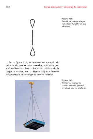 182 Carga, transporte y descarga de materiales
Figura 118.
Detalle de eslinga simple
con ojales flexibles en sus
extremos.
Figura 119.
Detalle de eslinga de
cuatro ramales, pueden
ser desde dos en adelante.
En la figura 119, se muestra un ejemplo de
eslingas de dos o más ramales, selección que
será realizada en base a las características de la
carga a elevar, en la figura adjunta hemos
seleccionado una eslinga de cuatro ramales.
LIBRO CARGA Y DESCARGA AECOM:Maquetación 1 12/12/12 16:59 Página 182
LIBRO CARGA Y DESCARGA AECOM.pdf182 182LIBRO CARGA Y DESCARGA AECOM.pdf182 182 28/1/13 11:52:1828/1/13 11:52:18
 