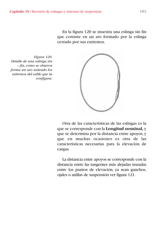 Capítulo 15 I Revisión de eslingas y sistemas de suspensión 183
En la figura 120 se muestra una eslinga sin fin
que consiste en un aro formado por la eslinga
cerrado por sus extremos.
Otra de las características de las eslingas es la
que se corresponde con la Longitud nominal, y
que se determina por la distancia entre apoyos, y
que en muchas ocasiones es otra de las
características necesarias para la elevación de
cargas.
La distancia entre apoyos se corresponde con la
distancia entre las tangentes más alejadas trazadas
entre los puntos de elevación, ya sean ganchos,
ojales o anillas de suspensión ver figura 121.
Figura 120.
Detalle de una eslinga sin
– fin, como se observa
forma un aro uniendo los
extremos del cable que la
configura.
LIBRO CARGA Y DESCARGA AECOM:Maquetación 1 12/12/12 16:59 Página 183
LIBRO CARGA Y DESCARGA AECOM.pdf183 183LIBRO CARGA Y DESCARGA AECOM.pdf183 183 28/1/13 11:52:1928/1/13 11:52:19
 