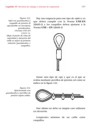 Capítulo 15 I Revisión de eslingas y sistemas de suspensión 185
Figura 123.
Ojal con guardacabos y
casquillo de presión. El
ojal flexible no incorpora
guardacabos.
(Norma UNE–EN
13411–1).
(Bajo el punto de vista de
seguridad y duración del
cable es mejor la primera
solución “guardacabos +
casquillo).
Figura 124.
Ojal formado con
guardacabos y perrillos de
presión sujeta cables.
Hay una exigencia para este tipo de ojales y es
que deben cumplir con la Norma UNE-EN
13411-2, y los casquillos deben ajustarse a la
Norma UNE – EN 13411-3
Existe otro tipo de ojal, y que es el que se
realiza mediante perrillos de presión,tal como se
indica en la figura 124.
Este último no debe en ningún caso utilizarse
en elevación.
Longitudes mínimas de un cable entre
casquillos.
LIBRO CARGA Y DESCARGA AECOM:Maquetación 1 12/12/12 16:59 Página 185
LIBRO CARGA Y DESCARGA AECOM.pdf185 185LIBRO CARGA Y DESCARGA AECOM.pdf185 185 28/1/13 11:52:1928/1/13 11:52:19
 