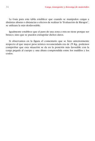 34 Carga, transporte y descarga de materiales
La Guía para esta tabla establece que cuando se manipulen cargas a
distintas alturas o distancias a efectos de realizar la“Evaluación de Riesgos”,
se utilizara la más desfavorable.
Igualmente establece que el paso de una zona a otra no tiene porque ser
brusco, sino que se pueden extrapolar dichos datos.
Si observamos en la figura el comentario que se hizo anteriormente
respecto al que mayor peso teórico recomendado era de 25 Kg., podemos
comprobar que esta situación se da en la posición más favorable con la
carga pegada al cuerpo y una altura comprendida entre los nudillos y los
codos.
LIBRO CARGA Y DESCARGA AECOM:Maquetación 1 12/12/12 16:57 Página 34
LIBRO CARGA Y DESCARGA AECOM.pdf34 34LIBRO CARGA Y DESCARGA AECOM.pdf34 34 28/1/13 11:51:3028/1/13 11:51:30
 