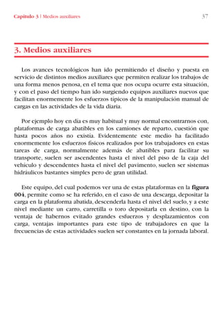 Los avances tecnológicos han ido permitiendo el diseño y puesta en
servicio de distintos medios auxiliares que permiten realizar los trabajos de
una forma menos penosa, en el tema que nos ocupa ocurre esta situación,
y con el paso del tiempo han ido surgiendo equipos auxiliares nuevos que
facilitan enormemente los esfuerzos típicos de la manipulación manual de
cargas en las actividades de la vida diaria.
Por ejemplo hoy en día es muy habitual y muy normal encontrarnos con,
plataformas de carga abatibles en los camiones de reparto, cuestión que
hasta pocos años no existía. Evidentemente este medio ha facilitado
enormemente los esfuerzos físicos realizados por los trabajadores en estas
tareas de carga, normalmente además de abatibles para facilitar su
transporte, suelen ser ascendentes hasta el nivel del piso de la caja del
vehículo y descendentes hasta el nivel del pavimento, suelen ser sistemas
hidráulicos bastantes simples pero de gran utilidad.
Este equipo, del cual podemos ver una de estas plataformas en la figura
004, permite como se ha referido, en el caso de una descarga, depositar la
carga en la plataforma abatida, descenderla hasta el nivel del suelo, y a este
nivel mediante un carro, carretilla o toro depositarla en destino, con la
ventaja de habernos evitado grandes esfuerzos y desplazamientos con
carga, ventajas importantes para este tipo de trabajadores en que la
frecuencias de estas actividades suelen ser constantes en la jornada laboral.
3. Medios auxiliares
Capítulo 3 I Medios auxiliares 37
LIBRO CARGA Y DESCARGA AECOM:Maquetación 1 12/12/12 16:57 Página 37
LIBRO CARGA Y DESCARGA AECOM.pdf37 37LIBRO CARGA Y DESCARGA AECOM.pdf37 37 28/1/13 11:51:3128/1/13 11:51:31
 
