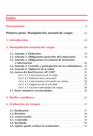Presentación..............................................................................................................................................................................................9
Primera parte: Manipulación manual de cargas....................................13
1. Introducción...............................................................................................................................................................................15
2. Manipulación manual de cargas............................................................................................19
2.1. Artículo 2. Definición......................................................................................................................................19
2.2. Artículo 3. Obligaciones generales del empresario...........................19
2.3. Artículo 4. Obligaciones en materia de formación
e información..................................................................................................................................................................20
2.4. Artículo 5. Consulta y participación de los trabajadores.......22
2.5. Artículo 6. Vigilancia de la salud..............................................................................................23
2.6. Anexo del Real Decreto 487/1987..........................................................................................23
2.6.1. A 1. Características de la carga...................................................................................24
2.6.2. A 2. Esfuerzo físico necesario......................................................................................25
2.6.3. A 3. Características del medio de trabajo.................................................26
2.6.4. A 4. Exigencias de la actividad...................................................................................27
2.6.5. A 5. Factores individuales de riesgo..................................................................28
2.7. Pesos máximos recomendados...................................................................................................30
3. Medios auxiliares...........................................................................................................................................................37
4. Evaluación de riesgos.........................................................................................................................................47
4.1. Realización.............................................................................................................................................................................47
4.2. Revisión........................................................................................................................................................................................48
4.3. Conservación....................................................................................................................................................................49
4.4. Contenido.................................................................................................................................................................................49
4.5. Resultado...................................................................................................................................................................................50
4.6. ¿Quién puede realizar la evaluación?..............................................................................51
Índice
LIBRO CARGA Y DESCARGA AECOM:Maquetación 1 14/12/12 09:43 Página 5
LIBRO CARGA Y DESCARGA AECOM.pdf5 5LIBRO CARGA Y DESCARGA AECOM.pdf5 5 28/1/13 11:51:1928/1/13 11:51:19
 