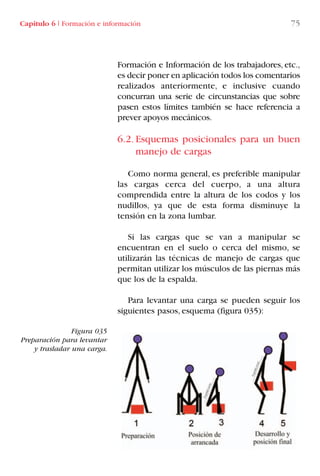 Capítulo 6 I Formación e información 75
Formación e Información de los trabajadores, etc.,
es decir poner en aplicación todos los comentarios
realizados anteriormente, e inclusive cuando
concurran una serie de circunstancias que sobre
pasen estos límites también se hace referencia a
prever apoyos mecánicos.
6.2. Esquemas posicionales para un buen
manejo de cargas
Como norma general, es preferible manipular
las cargas cerca del cuerpo, a una altura
comprendida entre la altura de los codos y los
nudillos, ya que de esta forma disminuye la
tensión en la zona lumbar.
Si las cargas que se van a manipular se
encuentran en el suelo o cerca del mismo, se
utilizarán las técnicas de manejo de cargas que
permitan utilizar los músculos de las piernas más
que los de la espalda.
Para levantar una carga se pueden seguir los
siguientes pasos, esquema (figura 035):
Figura 035
Preparación para levantar
y trasladar una carga.
LIBRO CARGA Y DESCARGA AECOM:Maquetación 1 12/12/12 16:58 Página 75
LIBRO CARGA Y DESCARGA AECOM.pdf75 75LIBRO CARGA Y DESCARGA AECOM.pdf75 75 28/1/13 11:51:4228/1/13 11:51:42
 