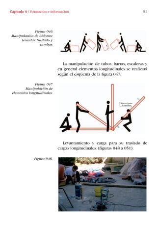 Capítulo 6 I Formación e información 81
La manipulación de tubos, barras, escaleras y
en general elementos longitudinales se realizará
según el esquema de la figura 047.
Levantamiento y carga para su traslado de
cargas longitudinales. (figuras 048 a 051).
Figura 046
Manipulación de bidones:
levantar, traslado y
tumbar.
Figura 047
Manipulación de
elementos longitudinales.
Figura 048.
LIBRO CARGA Y DESCARGA AECOM:Maquetación 1 12/12/12 16:58 Página 81
LIBRO CARGA Y DESCARGA AECOM.pdf81 81LIBRO CARGA Y DESCARGA AECOM.pdf81 81 28/1/13 11:51:4428/1/13 11:51:44
 
