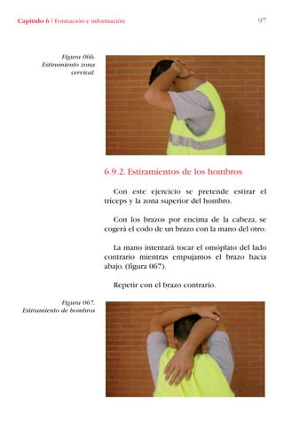 6.9.2. Estiramientos de los hombros
Con este ejercicio se pretende estirar el
tríceps y la zona superior del hombro.
Con los brazos por encima de la cabeza, se
cogerá el codo de un brazo con la mano del otro.
La mano intentará tocar el omóplato del lado
contrario mientras empujamos el brazo hacia
abajo. (figura 067).
Repetir con el brazo contrario.
Figura 066.
Estiramiento zona
cervical.
Figura 067.
Estiramiento de hombros
Capítulo 6 I Formación e información 97
LIBRO CARGA Y DESCARGA AECOM:Maquetación 1 12/12/12 16:58 Página 97
LIBRO CARGA Y DESCARGA AECOM.pdf97 97LIBRO CARGA Y DESCARGA AECOM.pdf97 97 28/1/13 11:51:5028/1/13 11:51:50
 
