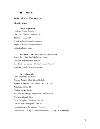 12
VII. Anexos
Registro Etnográfico número 1
Identificación
Centro de práctica:
Nombre: Colegio Betania
Dirección: Claudio Vicuña 01150
Teléfono: (45)329718
E-mail: colegiobetania@gmail.com
Página Web: www.colegiobetania.cl
Confesionalidad: Laico
Autoridades del establecimiento educacional:
Sostenedor: Víctor René Ballesteros Gómez
Directora: Berta Fuentes Sánchez
Coordinador Académico: Pablo Ahumada Caamaño
Jefa UTP: Soledad Baeza Monsalves
Curso observado:
Curso observado: 3° Básico
Profesor Mentor: María Elena Mellado
Número de alumnos: 26 Alumnos (M:8 – H:18 )
Asistencia del día: 22
Edad promedio: 8 años
Sector de Aprendizaje: Lenguaje y Comunicación
Profesora: Daniela Vega
Fecha del registro: 06 de abril de 2015
Hora de inicio del registro: 8:35 hrs
Hora del término del registro: 10:00 hrs.
Observadores: O1- Ep1: Makarena Alarcón; O2 – Ep2: Karla Ortega
 