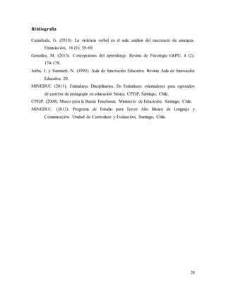 28
Bibliografía
Castañeda, G. (2010). La violencia verbal en el aula: análisis del macroacto de amenaza.
Enunciación, 16 (1), 58-69.
González, M. (2013). Concepciones del aprendizaje. Revista de Psicología GEPU, 4 (2),
174-178.
Jorba, J. y Sanmartí, N. (1993). Aula de Innovación Educativa. Revista Aula de Innovación
Educativa 20.
MINEDUC (2011). Estándares Disciplinarios. En Estándares orientadores para egresados
de carreras de pedagogía en educación básica, CPEIP, Santiago, Chile.
CPEIP. (2008). Marco para la Buena Enseñanza. Ministerio de Educación, Santiago, Chile.
MINEDUC. (2012). Programa de Estudio para Tercer Año Básico de Lenguaje y
Comunicación. Unidad de Currículum y Evaluación, Santiago, Chile.
 