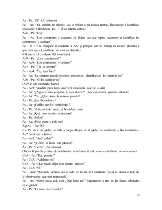 53
As – Pa: “Sii” (Al unísono)
Pa – As: “Ya quedan en silencio, voy a volver a mi estado normal, Reconocer e identificar,
reconocer e identificar los…” (Con mucha calma)
Ao8 – Pa: “Los”
Pa – As: “Los continentes y océanos, ya última vez que repito, reconocer e identificar los
continentes y océanos”
Pa – O1: “Tía márquele el cuaderno a Ao2 y póngale que no trabaja en clases” (Debido a
que nota que el estudiante no está escribiendo)
(O1 marca el cuaderno del estudiante)
Ao9 – Pa: “¿Los continentes?”
Pa – Ao9: “Los continentes y océanos”
Ao4 – Pa: “Tía ya termine”
Pa – Ao4: “Ya, muy bien”
Pa – As: “La semana pasada nosotros estuvimos, identificando los hemisferios”
Ao6 – Pa: “Si los hemisferios”
(Ao9 le está cantando fuerte)
Pa – Ao9: “Ándate para fuera Ao9” (El estudiante sale de la sala)
Pa – As: “¿Alguien mas se quiere ir para afuera?” (Los estudiantes guardan silencio)
Pa – As: “Ya, ¿Qué vimos la semana pasada?
As – Pa: ¡Los hemisferios!
Pa – As: ¿Cuáles son los hemisferios?
As – Pa: /El hemisferio norte, el hemisferio sur/
Pa – As: ¿Qué otro termino conocimos?
As – Pa: ¡Polos!
Pa – As: ¿Polo norte y polo sur?
Alg.As – Pa: “Si”
(La Pa saca un globo, lo infla y luego dibuja en el globo un continente y los hemisferios.
Ao2 comienza a hablar)
Pa – Ao2: “Ao2 cállate”
Pa – As: “¿Cómo se llama este planeta?”
As – Pa: “Tierra” (Al unísono)
(Tocan la puerta y entra el coordinador académico (CoA) con un estudiante de otro curso)
CoA – Pa: “Tía, permiso”
Pa – CoA: “Adelante tío”
CoA – Pa: “¿Le puedo dejar este alumno nuevo?”
Pa – CoA: “Si”
Pa – Aox: “Adelante siéntese ahí al lado de la tía” (El estudiante (Aox) se sienta al lado de
la observadora que está registrando)
Pa – As: “Miren hacia acá, esta ¿Qué línea es?” (Apuntando a una de las líneas dibujadas
en el globo)
As – Pa: “La línea del Ecuador”
 