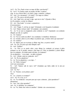 59
Ao12 – Pa: “Tía ¿Puedo revisar un mapa del libro para hacerlo?”
Pa – Ao12: “Ya pueden copiar un poquito del libro si quieren”
(Alg. As van a buscar libros a la repisa y luego comienzan a dibujar)
O2 – Ao6: “¿Lo encontraste? ¿Te ayudo?” (Un mapa en el libro)
Ao6 – O2: “Tía, pero es del año pasado”
O2 – Ao6: “Igual sirve, por aquí vi algo, aquí este te sirve” (Ojeando el libro)
(La Pa comienza a revisar los dibujos)
O2 – Aa1: “Que bonito” (A revisar su planisferio)
(Conversaciones)
O1 – Ao5: “Pagina 31, ahí hay un mapa” (Orientando en la búsqueda al estudiante)
Pa – Ao2: “Déjate de hacer ruido” (El estudiante está cantando)
Pa – As: “A ver usen su imaginación ¿Qué continente es este?” (Apuntando a un continente
dibujado por ella en su globo)
As – Pa: “América”
Pa – As: “Ven no estaba tan difícil” (Los estudiantes lo identifican fácilmente)
Pa – As: “Ustedes saben si yo les dibujo un pedacito aquí, ¿Ustedes saben que representa?”
As – Pa: “América”
Pa – As: “Bueno pero eso es porque yo dibujo muy bien y se parece mucho”
Ao8 – Pa: “Tía ¿No decía que usted dibujaba mal?”
Pa – Ao8: “También”
Pa – As: “Pero yo no puedo saber, como dibujar los continente así porque el globo
terráqueo no me lo permite, entonces ¿Qué hago yo? Ubico un planisferio y puedo dibujar
bien un continente ¿En dónde puedo encontrar un continente?
/En un planisferio – en un mapa – un globo terráqueo/
Pa – Ao2: “¿Dónde están los continentes Ao2?”
Ao2 – Pa: “En los planisferios”
Pa – As: “En los planisferios y en el glo…”
As – Pa: “Globo terráqueo”
(Ao9 está conversando)
Pa – Ao9: “Quieres salir de nuevo Ao9” (Estudiante que había salido de la sala por
interrumpir)
Ao9 – Pa: “No”
Pa – As: “Estamos con la primera parte”
/Noo/
Pa – As: “¿Todavía no terminan?”
Ao13 – Pa: “Yo sí tía, yo sí”
Pa – As: “Ya terminemos esta parte para que vayan a almorzar, ¿Qué aprendieron?”
(Respuestas)
Pa – Aa6: “Aa6 ¿Qué aprendiste?”
Aa6 – Pa: “A identificar los continentes”
Pa – As: “Ya, Simón dice todos en cunclillas” (Debido a las conversaciones)
 