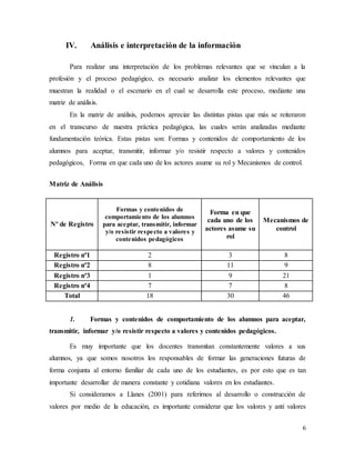 6
IV. Análisis e interpretación de la información
Para realizar una interpretación de los problemas relevantes que se vinculan a la
profesión y el proceso pedagógico, es necesario analizar los elementos relevantes que
muestran la realidad o el escenario en el cual se desarrolla este proceso, mediante una
matriz de análisis.
En la matriz de análisis, podemos apreciar las distintas pistas que más se reiteraron
en el transcurso de nuestra práctica pedagógica, las cuales serán analizadas mediante
fundamentación teórica. Estas pistas son: Formas y contenidos de comportamiento de los
alumnos para aceptar, transmitir, informar y/o resistir respecto a valores y contenidos
pedagógicos, Forma en que cada uno de los actores asume su rol y Mecanismos de control.
Matriz de Análisis
Nº de Registro
Formas y contenidos de
comportamiento de los alumnos
para aceptar, transmitir, informar
y/o resistir respecto a valores y
contenidos pedagógicos
Forma en que
cada uno de los
actores asume su
rol
Mecanismos de
control
Registro nº1 2 3 8
Registro nº2 8 11 9
Registro nº3 1 9 21
Registro nº4 7 7 8
Total 18 30 46
1. Formas y contenidos de comportamiento de los alumnos para aceptar,
transmitir, informar y/o resistir respecto a valores y contenidos pedagógicos.
Es muy importante que los docentes transmitan constantemente valores a sus
alumnos, ya que somos nosotros los responsables de formar las generaciones futuras de
forma conjunta al entorno familiar de cada uno de los estudiantes, es por esto que es tan
importante desarrollar de manera constante y cotidiana valores en los estudiantes.
Si consideramos a Llanes (2001) para referirnos al desarrollo o construcción de
valores por medio de la educación, es importante considerar que los valores y anti valores
 