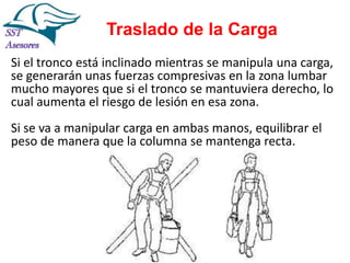 Traslado de la Carga
Si el tronco está inclinado mientras se manipula una carga,
se generarán unas fuerzas compresivas en la zona lumbar
mucho mayores que si el tronco se mantuviera derecho, lo
cual aumenta el riesgo de lesión en esa zona.

Si se va a manipular carga en ambas manos, equilibrar el
peso de manera que la columna se mantenga recta.

 
