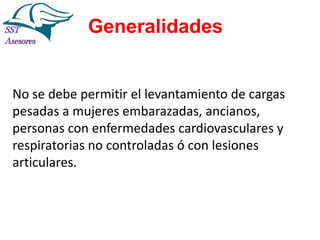 Generalidades

No se debe permitir el levantamiento de cargas
pesadas a mujeres embarazadas, ancianos,
personas con enfermedades cardiovasculares y
respiratorias no controladas ó con lesiones
articulares.

 