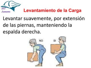Levantamiento de la Carga

Levantar suavemente, por extensión
de las piernas, manteniendo la
espalda derecha.

 
