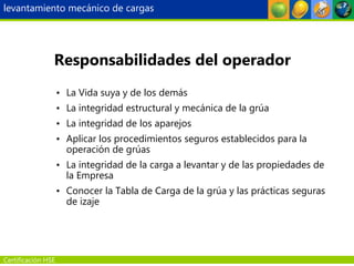 Certificación HSE
• La Vida suya y de los demás
• La integridad estructural y mecánica de la grúa
• La integridad de los aparejos
• Aplicar los procedimientos seguros establecidos para la
operación de grúas
• La integridad de la carga a levantar y de las propiedades de
la Empresa
• Conocer la Tabla de Carga de la grúa y las prácticas seguras
de izaje
Responsabilidades del operador
levantamiento mecánico de cargas
 