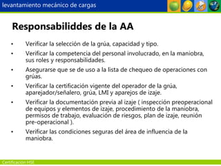 Certificación HSE
• Verificar la selección de la grúa, capacidad y tipo.
• Verificar la competencia del personal involucrado, en la maniobra,
sus roles y responsabilidades.
• Asegurarse que se de uso a la lista de chequeo de operaciones con
grúas.
• Verificar la certificación vigente del operador de la grúa,
aparejador/señalero, grúa, LMI y aparejos de izaje.
• Verificar la documentación previa al izaje ( inspección preoperacional
de equipos y elementos de izaje, procedimiento de la maniobra,
permisos de trabajo, evaluación de riesgos, plan de izaje, reunión
pre-operacional ).
• Verificar las condiciones seguras del área de influencia de la
maniobra.
Responsabiliddes de la AA
levantamiento mecánico de cargas
 
