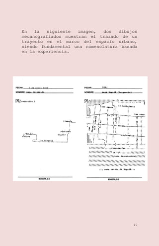 En
la
siguiente
imagen,
dos
dibujos
mecanografiados muestran el trazado de un
trayecto en el marco del espacio urbano,
siendo fundamental una nomenclatura basada
en la experiencia.

10

 