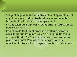 Sea 𝛽 el ángulo de buzamiento real, α el aparente e Î el
ángulo comprendido entre las direcciones de ambos
buzamientos. En el caso de la figura será:
I = dirección del BUZAMIENTO APARENTE- dirección del
BUZAMIENTO REAL
Con el fin de facilitar el proceso de cálculo, vamos a
considerar que los puntos D y C de la figura tienen la
misma altitud. D’ y C’ son sus proyecciones sobre un
plano horizontal. Para obtener la expresión que
relaciona los tres valores angulares anteriores hacemos:
 