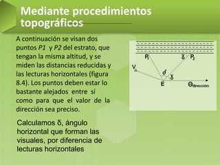 Mediante procedimientos
topográficos
A continuación se visan dos
puntos P1 y P2 del estrato, que
tengan la misma altitud, y se
miden las distancias reducidas y
las lecturas horizontales (figura
8.4). Los puntos deben estar lo
bastante alejados entre sí
como para que el valor de la
dirección sea preciso.
Calculamos δ, ángulo
horizontal que forman las
visuales, por diferencia de
lecturas horizontales
 