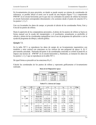 Leonardo Casanova M. Levantamientos Topográficos
7-4
En levantamientos de poca precisión, en donde se puede asumir un sistema de coordenadas de
referencia, es posible ubicar el norte con la ayuda de una brújula (figura 7.1.c.) imponiendo
0º00’00” en el círculo horizontal, por lo que una vez colimados los puntos de relleno las lecturas
al círculo horizontal corresponden directamente a los acimutes desde el punto de estación E5 a
los puntos 1, 2 y 3.
Una vez levantados los datos de campo, se procede al cálculo de las coordenadas Norte, Este y
Cota de los puntos de relleno.
Hasta la aparición de las computadoras personales, el ploteo de los puntos de relleno se hacía en
forma manual con la ayuda del transportador y el escalímetro; actualmente es preferible el
cálculo y ploteo de las coordenadas topográficas con el uso de programas de aplicación o con la
ayuda de programas de dibujo y edición gráfica.
Ejemplo 7.1.
En la tabla TE7.1 se reproducen los datos de campo de un levantamiento taquimétrico con
teodolito y mira vertical con estaciones en los vértices de una poligonal de apoyo A, B, C
previamente calculada. Partiendo del punto A de coordenadas conocidas se colimó al punto B, se
impuso una lectura de 0º00’00” en el círculo horizontal y, finalmente, se tomaron los datos de
los puntos 1, 2 y 3 que se reproducen en la tabla TE7.1.
De igual forma se procedió en las estaciones B y C.
Calcule las coordenadas de los puntos de relleno y represente gráficamente el levantamiento
realizado.
Datos de la Poligonal de Apoyo
Coordenadas
Punto Norte Este Cota
A
B
C
3.156,162
3.140,000
3.120,757
7.771,660
7.680,000
7.664,400
1.927,000
1.919,290
1.919,830
Tabla E7.1. Libreta de Campo
Est. PV ∠ H ∠ V ls lm li Clas
A
h = 1,490
B
1
2
3
0º00’00”
01º34’00”
359º23’00”
25º55’00”
--
93º40’00”
95º15’30”
93º54’00”
--
3,175
2,918
1,503
--
2,700
2,550
1,450
--
2,225
2,183
1,398
--
B
h = 1,400
A
4
5
6
00º00’00”
134º17’00”
143º04’00”
156º19’00”
--
91º06’00”
89º47’00”
91º17’00”
--
0,459
0,860
0,783
--
0,330
0,780
0,740
--
0,202
0,700
0,698
C
h = 1,400
B
7
8
9
10
--
226º36’15”
235º50’00”
236º17’00”
238º45’00”
--
88º28’15”
90º18’00”
90º22’00”
90º02’00”
--
0,992
0,591
0,963
1,292
--
0,750
0,470
0,880
1,250
--
0,509
0,350
0,798
1,208
 