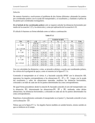 Leonardo Casanova M. Levantamientos Topográficos
7-5
Solución
De manera ilustrativa, resolveremos el problema de dos formas diferentes: ploteando los puntos
por coordenadas polares con la ayuda del transportador y el escalímetro, y mediante el ploteo de
los puntos por coordenadas rectangulares.
En el método de las coordenadas polares solo se requiere calcular las distancias horizontales por
medio de la ecuación 3.22 y los desniveles y cotas por aplicación de la ecuación 6.10.
El cálculo lo haremos en forma tabulada como se indica a continuación:
Tabla E7.1.1
Lecturas en mira
Est. PV ∠ H ∠ V ls lm li D Cota
A
h = 1.490
Q = 1.927,00
B
1
2
3
0º00’00”
46º22’00”
161º23’00”
125º55’00”
--
93º40’00”
95º15’30”
93º54’00”
--
3,175
2,918
1,503
--
2,700
2,550
1,450
--
2,225
2,183
1,398
--
94,61
72,88
10,45
1.919,29
1.919,73
1.919,23
1.926,33
B
h = 1,40
Q= 1.919,29
A
4
5
6
00º00’00”
184º17’00”
82º54’00”
156º19’00”
--
91º06’00”
89º47’00”
91º17’00”
--
0,459
0,860
0,783
--
0,330
0,780
0,740
--
0,202
0,700
0,698
--
25,69
16,00
8,50
1.927,00
1.919,87
1.919,97
1.919,76
C
h = 1,40
Q= 1.919,83
B
7
8
9
10
0º00’00”
226º36’15”
168º51’00”
120º16’00”
238º45’00”
--
88º28’15”
90º18’00”
90º22’00”
90º02’00”
--
0,992
0,591
0,963
1,292
--
0,750
0,470
0,880
1,250
--
0,509
0,350
0,798
1,208
--
48,27
24,10
16,50
8,40
1.919,83
1.921,77
1.920,63
1.920,24
1.919,98
Una vez calculadas las distancias y cotas, se procede a plotear, a escala, por coordenadas polares,
los vértices de la poligonal de apoyo, como se muestra en la figura E7.1.a.
Centrando el transportador en el vértice A y haciendo coincidir 00º00’ con la alineación AB,
marcamos los ángulos correspondientes a las alineaciones 1A , 2A y 3A . Luego, con la ayuda
del escalímetro y sobre las alineaciones marcadas, medimos las distancias horizontales,
colocando a un lado de cada uno de los puntos determinados las cotas correspondientes.
De igual forma procedemos desde la estación B, haciendo coincidir el cero del transportador con
la alineación BA , determinando las alineaciones 4B , 5B y 6B , midiendo, sobre dichas
alineaciones, las distancias horizontales y colocando en cada uno de los puntos determinados las
cotas correspondientes.
Repetimos el procedimiento centrando el transportador en el punto C y haciendo coincidir el cero
con la alineación CB .
Nótese que en la figura E7.1.a los ángulos fueron medidos en sentido horario, mismo sentido en
que se midieron en el campo.
 