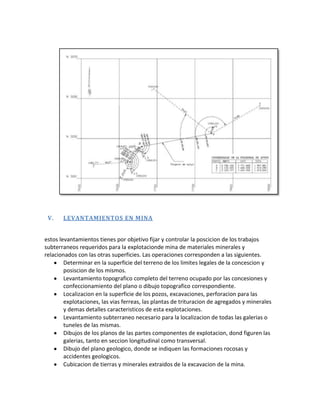 V.    LEVANTAMIENTOS EN MINA


estos levantamientos tienes por objetivo fijar y controlar la poscicion de los trabajos
subterraneos requeridos para la explotacionde mina de materiales minerales y
relacionados con las otras superficies. Las operaciones corresponden a las siguientes.
        Determinar en la superficie del terreno de los limites legales de la concescion y
        posiscion de los mismos.
        Levantamiento topografico completo del terreno ocupado por las concesiones y
        confeccionamiento del plano o dibujo topografico correspondiente.
        Localizacion en la superficie de los pozos, excavaciones, perforacion para las
        explotaciones, las vias ferreas, las plantas de trituracion de agregados y minerales
        y demas detalles caracteristicos de esta explotaciones.
        Levantamiento subterraneo necesario para la localizacion de todas las galerias o
        tuneles de las mismas.
        Dibujos de los planos de las partes componentes de explotacion, dond figuren las
        galerias, tanto en seccion longitudinal como transversal.
        Dibujo del plano geologico, donde se indiquen las formaciones rocosas y
        accidentes geologicos.
        Cubicacion de tierras y minerales extraidos de la excavacion de la mina.
 