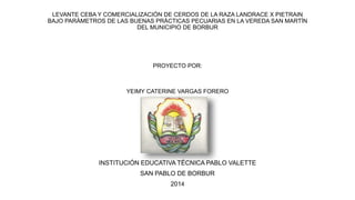 LEVANTE CEBA Y COMERCIALIZACIÓN DE CERDOS DE LA RAZA LANDRACE X PIETRAIN 
BAJO PARÁMETROS DE LAS BUENAS PRÁCTICAS PECUARIAS EN LA VEREDA SAN MARTÍN 
DEL MUNICIPIO DE BORBUR 
PROYECTO POR: 
YEIMY CATERINE VARGAS FORERO 
INSTITUCIÓN EDUCATIVA TÉCNICA PABLO VALETTE 
SAN PABLO DE BORBUR 
2014 
 