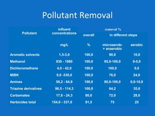 Pollutant Removal
Pollutant
influent
concentrations
removal %
overall in different steps
mg/L % microaerob-
+ anaerobic
aerobic
Aromatic solvents 1,5-3,0 100,0 90,0 10,0
Methanol 930 - 1980 100,0 95,0-100,0 0-5,0
Dichloromethane 4,0 - 42,0 100,0 100,0 0,0
MIBK 9,0 -330,0 100,0 76,0 24,0
Amines 56,2 - 64,8 100,0 90,0-100,0 0,0-10,0
Triazine derivatives 96,5 - 114,3 100,0 64,2 35,8
Carbamates 17,8 - 24,3 80,0 72,0 28,0
Herbicides total 154,0 - 337,0 91,5 75 25
 