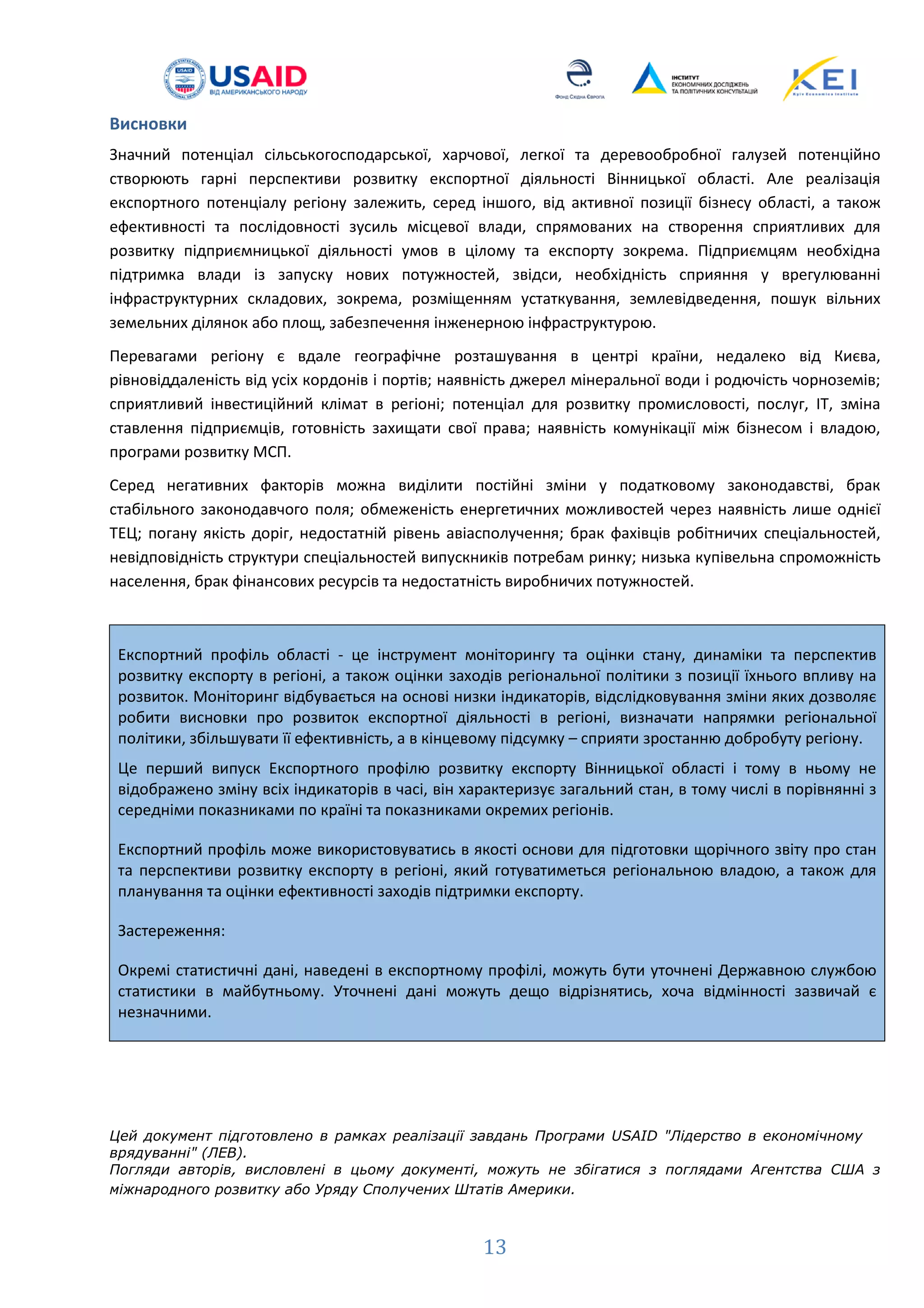 Висновки
Значний потенціал сільськогосподарської, харчової, легкої та деревообробної галузей потенційно
створюють гарні перспективи розвитку експортної діяльності Вінницької області. Але реалізація
експортного потенціалу регіону залежить, серед іншого, від активної позиції бізнесу області, а також
ефективності та послідовності зусиль місцевої влади, спрямованих на створення сприятливих для
розвитку підприємницької діяльності умов в цілому та експорту зокрема. Підприємцям необхідна
підтримка влади із запуску нових потужностей, звідси, необхідність сприяння у врегулюванні
інфраструктурних складових, зокрема, розміщенням устаткування, землевідведення, пошук вільних
земельних ділянок або площ, забезпечення інженерною інфраструктурою.
Перевагами регіону є вдале географічне розташування в центрі країни, недалеко від Києва,
рівновіддаленість від усіх кордонів і портів; наявність джерел мінеральної води і родючість чорноземів;
сприятливий інвестиційний клімат в регіоні; потенціал для розвитку промисловості, послуг, ІТ, зміна
ставлення підприємців, готовність захищати свої права; наявність комунікації між бізнесом і владою,
програми розвитку МСП.
Серед негативних факторів можна виділити постійні зміни у податковому законодавстві, брак
стабільного законодавчого поля; обмеженість енергетичних можливостей через наявність лише однієї
ТЕЦ; погану якість доріг, недостатній рівень авіасполучення; брак фахівців робітничих спеціальностей,
невідповідність структури спеціальностей випускників потребам ринку; низька купівельна спроможність
населення, брак фінансових ресурсів та недостатність виробничих потужностей.
Експортний профіль області - це інструмент моніторингу та оцінки стану, динаміки та перспектив
розвитку експорту в регіоні, а також оцінки заходів регіональної політики з позиції їхнього впливу на
розвиток. Моніторинг відбувається на основі низки індикаторів, відслідковування зміни яких дозволяє
робити висновки про розвиток експортної діяльності в регіоні, визначати напрямки регіональної
політики, збільшувати її ефективність, а в кінцевому підсумку – сприяти зростанню добробуту регіону.
Це перший випуск Експортного профілю розвитку експорту Вінницької області і тому в ньому не
відображено зміну всіх індикаторів в часі, він характеризує загальний стан, в тому числі в порівнянні з
середніми показниками по країні та показниками окремих регіонів.
Експортний профіль може використовуватись в якості основи для підготовки щорічного звіту про стан
та перспективи розвитку експорту в регіоні, який готуватиметься регіональною владою, а також для
планування та оцінки ефективності заходів підтримки експорту.
Застереження:
Окремі статистичні дані, наведені в експортному профілі, можуть бути уточнені Державною службою
статистики в майбутньому. Уточнені дані можуть дещо відрізнятись, хоча відмінності зазвичай є
незначними.
Цей документ підготовлено в рамках реалізації завдань Програми USAID "Лідерство в економічному
врядуванні" (ЛЕВ).
Погляди авторів, висловлені в цьому документі, можуть не збігатися з поглядами Агентства США з
міжнародного розвитку або Уряду Сполучених Штатів Америки.
13
 