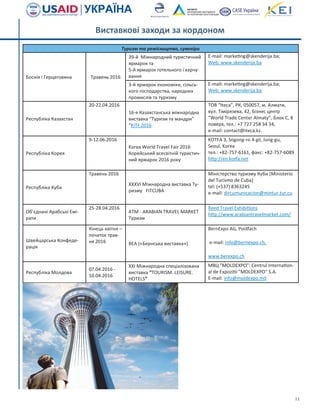 11
Туризм та ремісництво, сувеніри
Боснія і Герцеговина Травень 2016
39-й Міжнародний туристичний
ярмарок та
5-й ярмарок готельного і харчу-
вання
E-mail: marketing@skenderija.ba;
Web: www.skenderija.ba
3-й ярмарок економіки, сільсь-
кого господарства, народних
промислів та туризму
E-mail: marketing@skenderija.ba;
Web: www.skenderija.ba
Республіка Казахстан
20-22.04.2016
16-я Казахстанська міжнародна
виставка “Туризм та мандри”
“KITF 2016
ТОВ “Iteca”, РК, 050057, м. Алмати,
вул. Тімірязева, 42, Бізнес центр
“World Trade Center Almaty”, блок С, 8
поверх, тел.: +7 727 258 34 34,
e-mail: contact@iteca.kz.
Республіка Корея
9-12.06.2016
Korea World Travel Fair 2016
Корейський всесвітній туристич-
ний ярмарок 2016 року
KOTFA 3, Sogong-ro 4-gil, Jung-gu,
Seoul, Korea
тел.: +82-757-6161, факс: +82-757-6089
http://en.kotfa.net
Республіка Куба
Травень 2016
ХХХVI Міжнародна виставка Ту-
ризму FITCUBA
Міністерство туризму Куби (Ministerio
del Turismo de Cuba)
tel: (+537) 8363245
e-mail: dircumunicacion@mintur.tur.cu
Об’єднані Арабські Емі-
рати
25-28.04.2016
ATM - ARABIAN TRAVEL MARKET
Туризм
Reed Travel Exhibitions
http://www.arabiantravelmarket.com/
Швейцарська Конфеде-
рація
Кінець квітня –
початок трав-
ня 2016 BEA («Бернська виставка»)
BernExpo AG, Postfach
e-mail: info@bernexpo.ch,
www.berexpo.ch
Республіка Молдова
07.04.2016 -
10.04.2016
ХХІ Міжнародна спеціалізована
виставка “TOURISM. LEISURE.
HOTELS”
МВЦ "MOLDEXPO": Centrul Internation-
al de Expozitii "MOLDEXPO" S.A.
E-mail: info@moldexpo.md
Виставкові заходи за кордоном
 