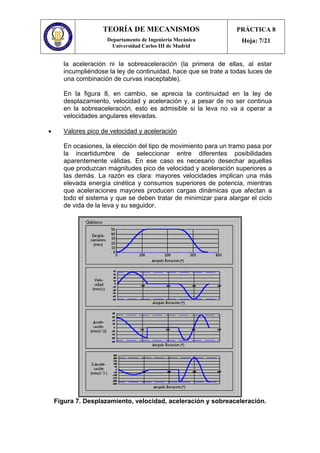 TEORÍA DE MECANISMOS
Departamento de Ingeniería Mecánica
Universidad Carlos III de Madrid
PRÁCTICA 8
Hoja: 7/21
la aceleración ni la sobreaceleración (la primera de ellas, al estar
incumpliéndose la ley de continuidad, hace que se trate a todas luces de
una combinación de curvas inaceptable).
En la figura 8, en cambio, se aprecia la continuidad en la ley de
desplazamiento, velocidad y aceleración y, a pesar de no ser continua
en la sobreaceleración, esto es admisible si la leva no va a operar a
velocidades angulares elevadas.
• Valores pico de velocidad y aceleración
En ocasiones, la elección del tipo de movimiento para un tramo pasa por
la incertidumbre de seleccionar entre diferentes posibilidades
aparentemente válidas. En ese caso es necesario desechar aquellas
que produzcan magnitudes pico de velocidad y aceleración superiores a
las demás. La razón es clara: mayores velocidades implican una más
elevada energía cinética y consumos superiores de potencia, mientras
que aceleraciones mayores producen cargas dinámicas que afectan a
todo el sistema y que se deben tratar de minimizar para alargar el ciclo
de vida de la leva y su seguidor.
Figura 7. Desplazamiento, velocidad, aceleración y sobreaceleración.
 