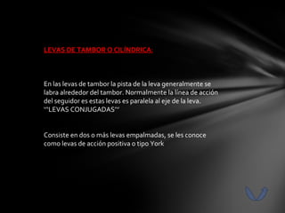 LEVAS DE TAMBOR O CILÍNDRICA:



En las levas de tambor la pista de la leva generalmente se
labra alrededor del tambor. Normalmente la línea de acción
del seguidor es estas levas es paralela al eje de la leva.
‘’‘LEVAS CONJUGADAS’‘’


Consiste en dos o más levas empalmadas, se les conoce
como levas de acción positiva o tipo York
 