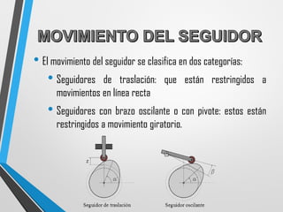 • El movimiento del seguidor se clasifica en dos categorías:
• Seguidores de traslación: que están restringidos a
movimientos en línea recta
• Seguidores con brazo oscilante o con pivote: estos están
restringidos a movimiento giratorio.
 