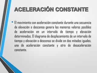 • El movimiento con aceleración constante durante una secuencia
de elevación o descenso genera los menores valores posibles
de aceleración en un intervalo de tiempo y elevación
determinados. El diagrama de desplazamiento de un intervalo de
tiempo y elevación o descenso se divide en dos mitades iguales,
una de aceleración constante y otra de desaceleración
constante.
 
