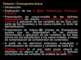 Temario / Cronograma breve
• Introducción
• Explicación de los 3 Ejes: Referencias, Procesos,
Impactos
• Presentación de casos-modelo de las distintas
Dimensiones del diseño: comunicacional, objetual y
espacial y aplicación de las variables de los Ejes (por
parte de los docentes) a los casos-modelo, a modo de
ejemplificación.
• Presentación de Videos de charlas de Diseñadores
locales que se desempeñan en las distintas
Dimensiones y aplicación de las variables de los Ejes
(ahora por los estudiantes) a los casos-modelo, a modo
de comprobación de comprensión de contenidos.
• A partir de los ejercicios anteriores, evaluación y
profundización de conceptos y variables de cada Eje.
• Trabajo Final en el que cada grupo elegirá un
diseñador en alguna de las Dimensiones y aplicará
correctamente las variables de análisis de cada Eje.
 