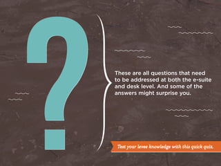 These are all questions that need
to be addressed at both the e-suite
and desk level. And some of the
answers might surprise you.
Test your levee knowledge with this quick quiz.
 