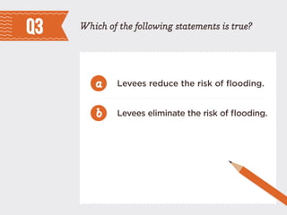 Levees reduce the risk of flooding.
Levees eliminate the risk of flooding.
Which of the following statements is true?
a
b
Q3
 