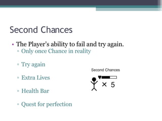 Second Chances The Player’s ability to fail and try again. Only once Chance in reality Try again Extra Lives Health Bar Quest for perfection 