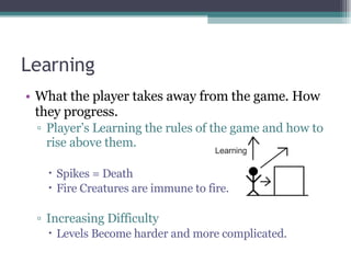 Learning What the player takes away from the game. How they progress. Player’s Learning the rules of the game and how to rise above them. Spikes = Death Fire Creatures are immune to fire. Increasing Difficulty Levels Become harder and more complicated. 