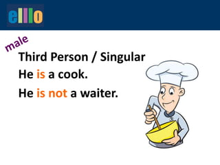He is a cook.
He is not a waiter.
Third Person / Singular
 