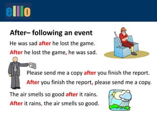 After– following an event
He was sad after he lost the game.
After he lost the game, he was sad.
After you finish the report, please send me a copy.
The air smells so good after it rains.
Please send me a copy after you finish the report.
After it rains, the air smells so good.
 