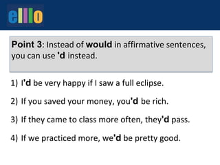 1)
2)
3)
4)
I'd be very happy if I saw a full eclipse.
If you saved your money, you'd be rich.
If they came to class more often, they'd pass.
If we practiced more, we'd be pretty good.
Point 3: Instead of would in affirmative sentences,
you can use 'd instead.
 