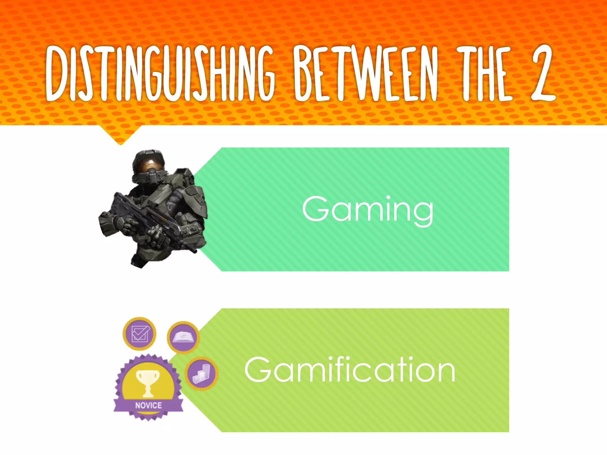 Distinguishing between the 2
Gaming
Gamification
 