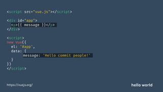 <script src="vue.js"></script>
<div id="app">
<p>{{ message }}</p>
</div>
<script>
new Vue({
el: '#app',
data: {
message: 'Hello commit people!'
}
})
</script>
https://vuejs.org/ hello world
 