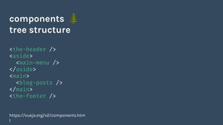 <the-header />
<aside>
<main-menu />
</aside>
<main>
<blog-posts />
</main>
<the-footer />
https://vuejs.org/v2/components.htm
l
components
tree structure
 